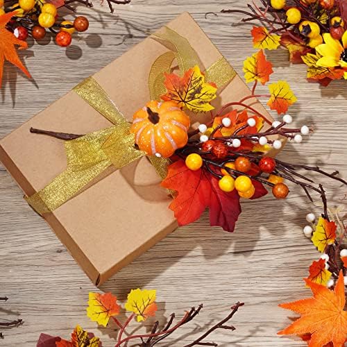6 Pack Artificial Maple Leaves Branches Autumn Pumpkin Berry Twig Stem Orange Fall Stems Fake Artificial Flower Picks for Thanksgiving Christmas Harvest Festival Decoration DIY Floral Arrangements