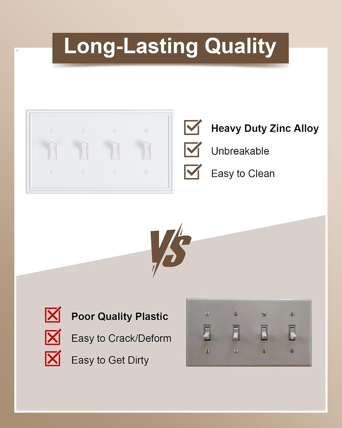 2-Pack Zinc Alloy Quad Toggle Light Switch Cover Plate, Solid Switch Cover | Durable Decorative Switch Plate Covers, 4