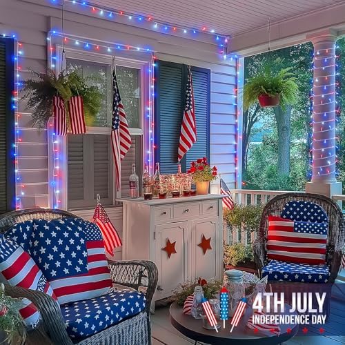 JMEXSUSS 4th of July Decorations, 33ft 100 LED Red White and Blue Lights