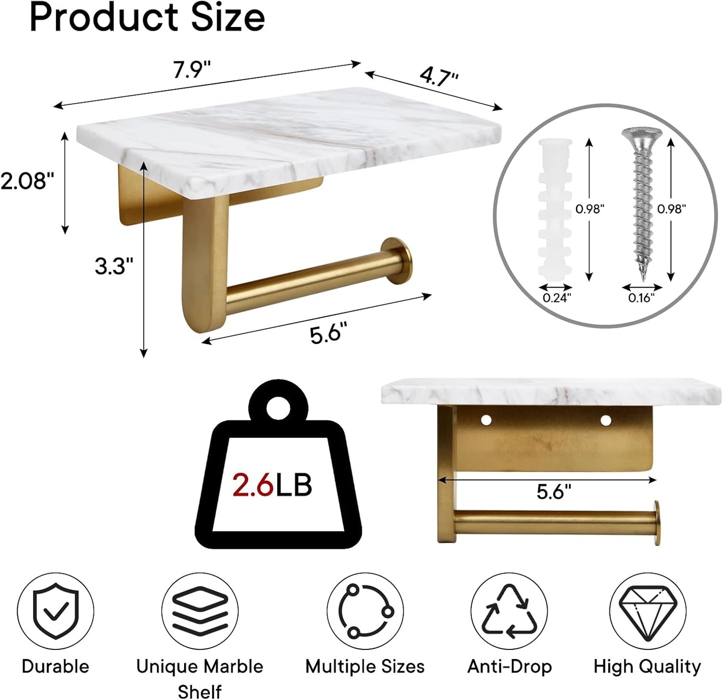 Toilet Paper Holder with Natural Marble Shelf for Bathroom Washroom,Wall Mounted Tissue Holder Suitable for Mega Roll