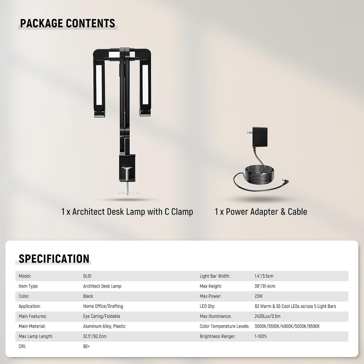 NEEWER Basics 32.5" Clip On Desktop LED Light for Home Office, 23W LED Dimmable Architect Lamp with Table Desk Clamp, 5
