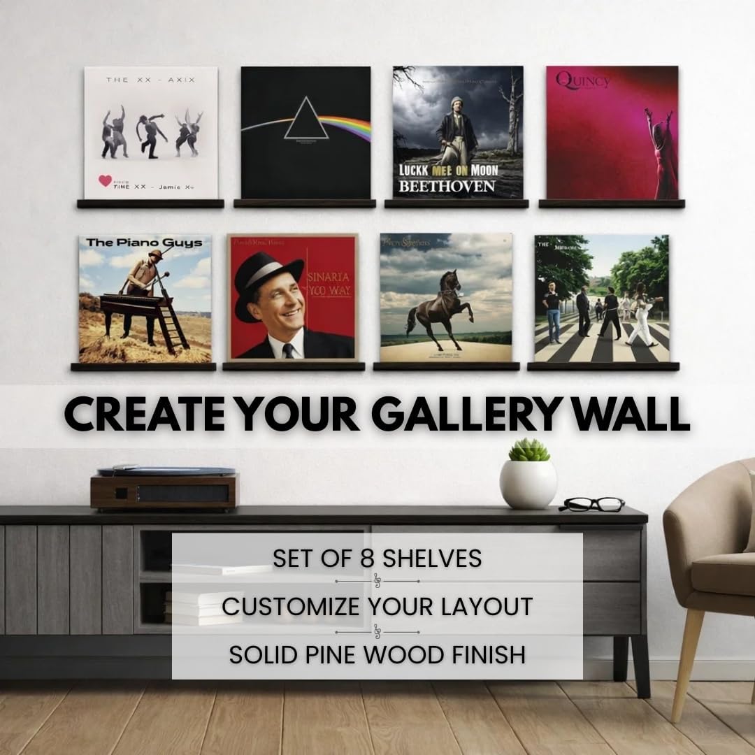 Vinyl Record Display Shelf - Set of 8 Floating LP Album Shelves for Wall Display - Solid Pine Wood - Wall Mount