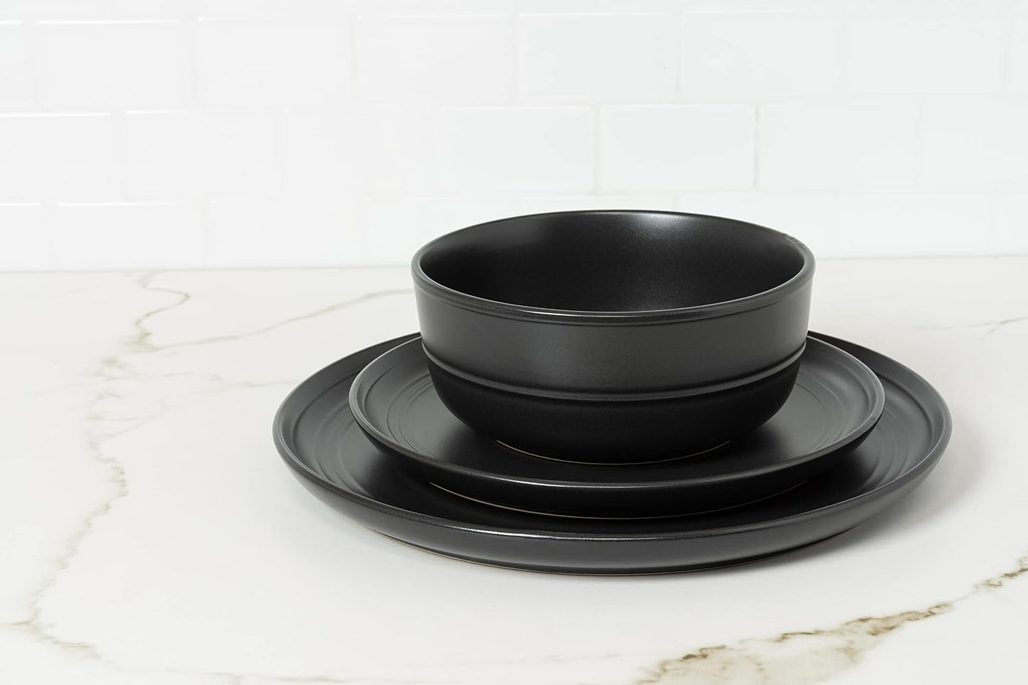 Double Line 10.5" Dinner Plate, Set of 6, Matte Black