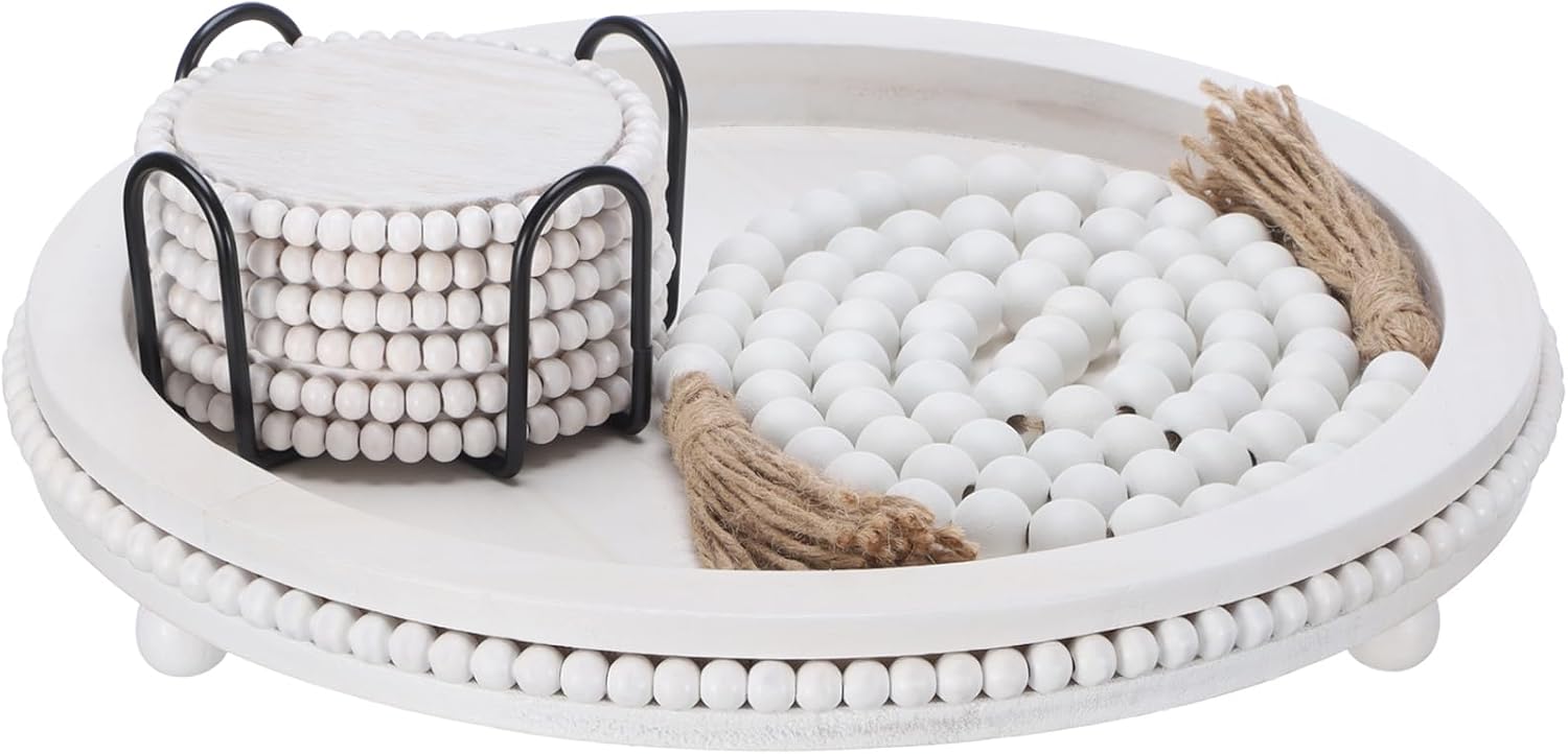 Farmhouse Trays Decoration Set 6 Rustic Wooden Bead Coasters / White / Set of 8