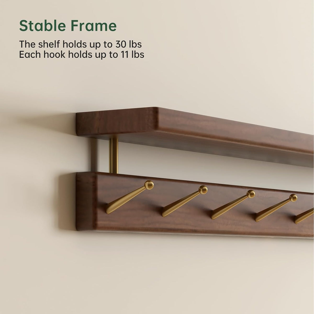 Walnut Wall Hooks with Shelf, Coat Rack Wall Mount, Entryway Hanging Shelf with 7 Brass Hooks for Hats, Clothes