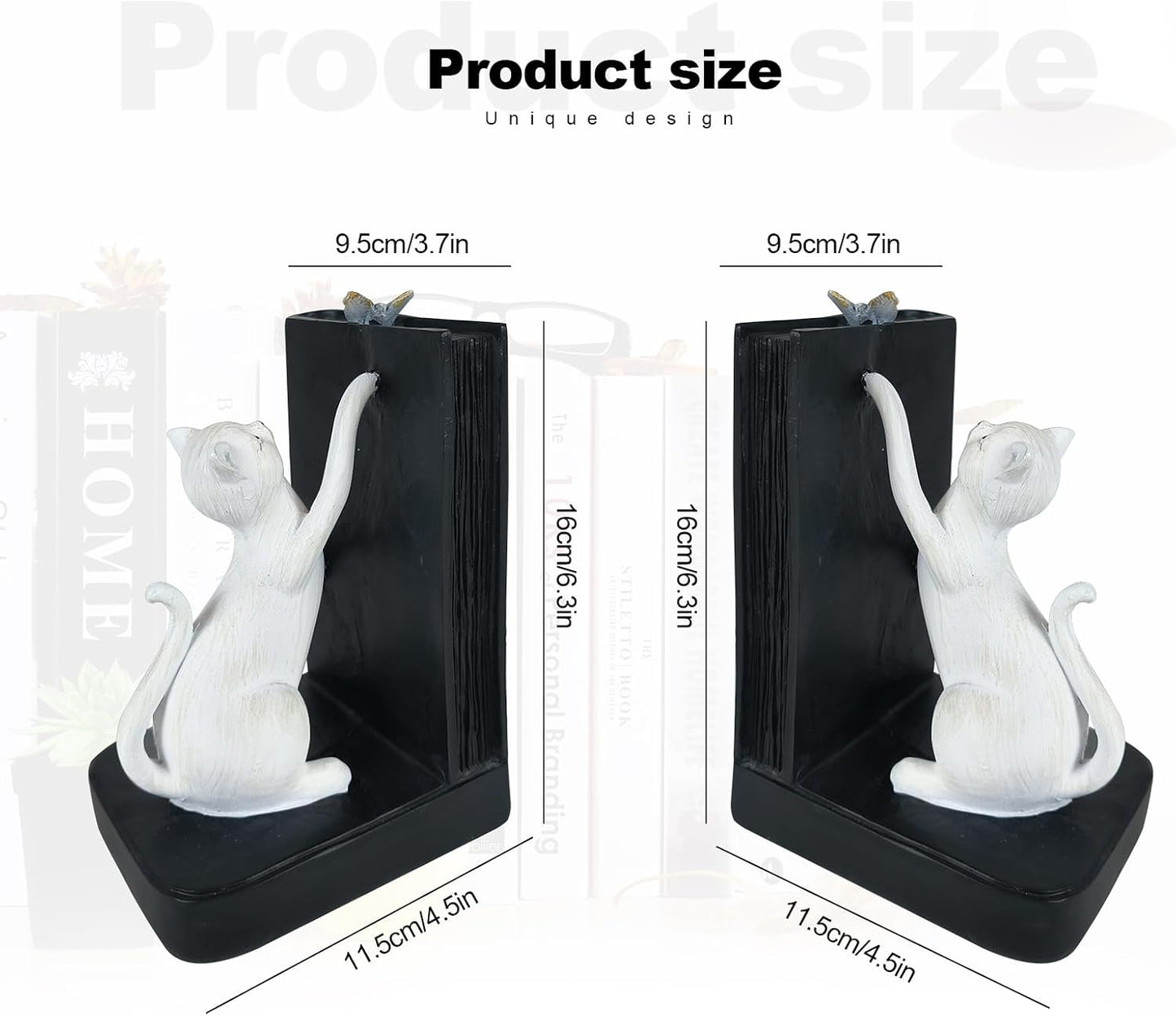 Decorative Bookends / Heavy Duty Resin Cat Bookends / White