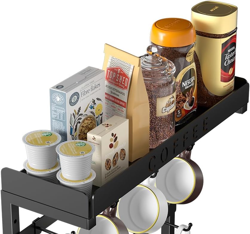Coffee Mug Holder Wall Mounted with 12 Movable Hooks | Sturdy Metal Coffee Cup Holder with Large Top Shelf for Mug