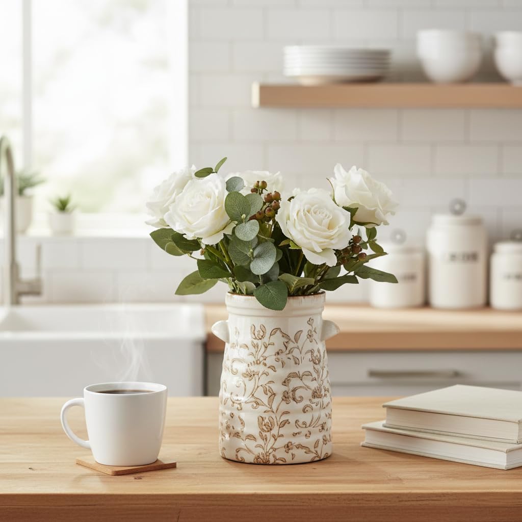 Ceramic Rustic Vase / Gs17323l-brown Floral / 7.6 Inch