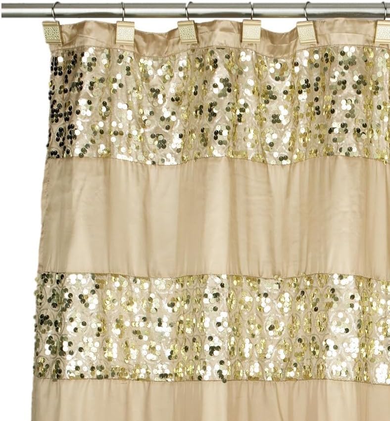 Zahari Home 13pc Sinatra Bathroom Shower Curtain Set - Gold Curtain & 12 Champagne Hooks - Luxury Fabric Bling Unique