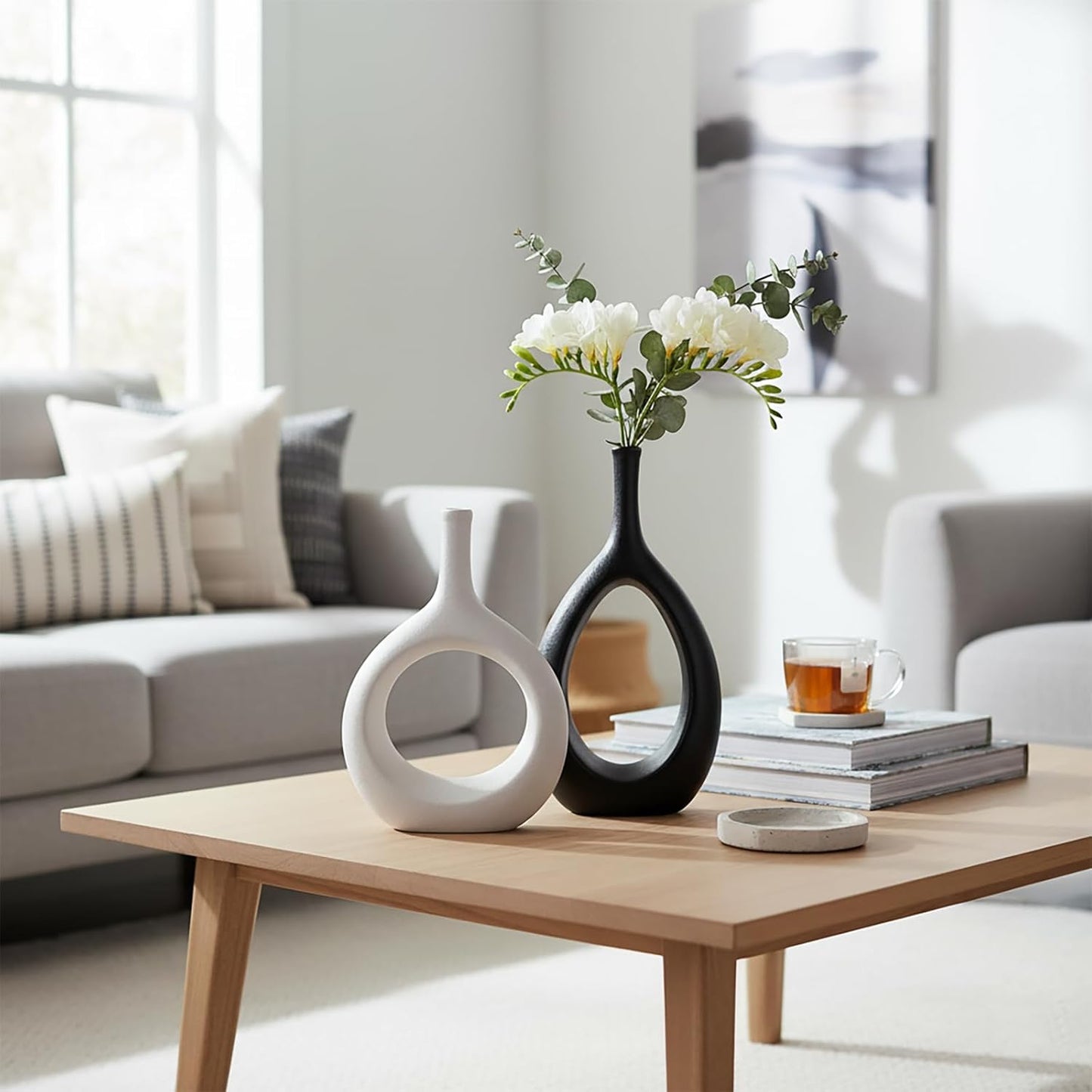 Ceramic Vase / Modern Minimalist Boho Hollow Flower Vases / White&black / Set of 2