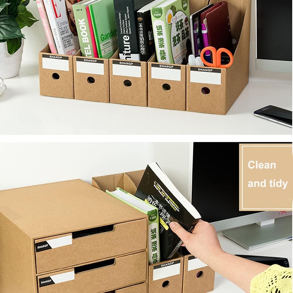 Foldable Desk File Holder Organizer Sturdy Cardboard Magazine Storage Box Document Rack with Blank Label Stickers for