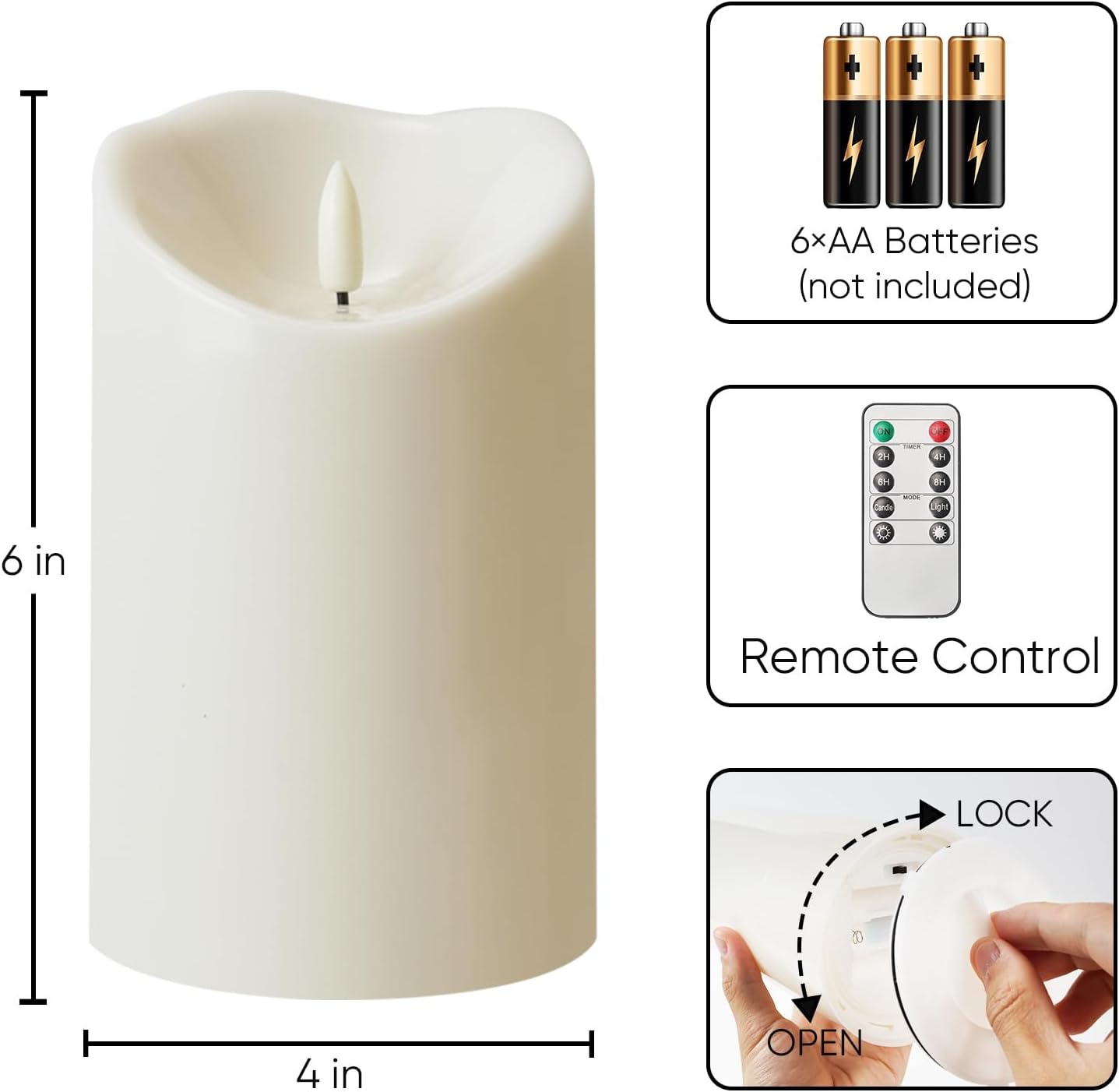 Homemory 4"x6" Outdoor Waterproof Flameless Candles with Timers and Remote Control, Battery Operated Candles, LED