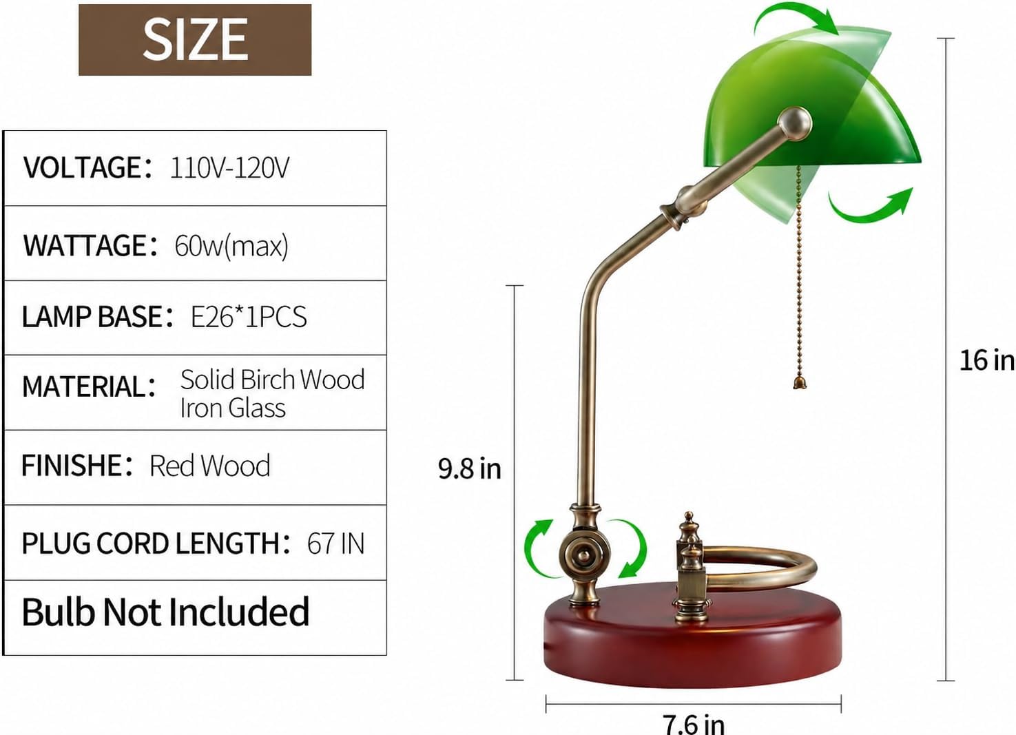 Bankers Lamp Traditional Green Glass Desk Lamp Solid Wood Pull Chain Switch | Plug in Antique Study Reading Library