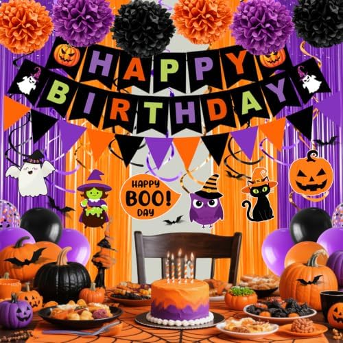 Halloween Birthday Party Decorations, 73PCs Halloween Birthday Decorations Set Including HAPPY BIRTHDAY Banner Bat Stickers Hanging Garland Swirl Streamers Purple Orange Black Balloons Honeycomb Ball