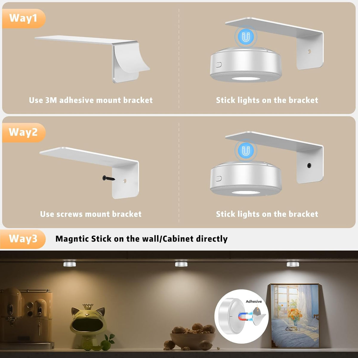 3 Pcs Picture Lights, Rechargeable Battery Operated Dimmable 3-Color Wall Light with Remote & Timer for Paintings