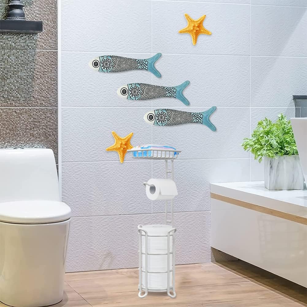 [Upgrade] Toilet Paper Holder Stand Nautical Bathroom Tissue Holders Free Standing with Top Shelf Storage Mega