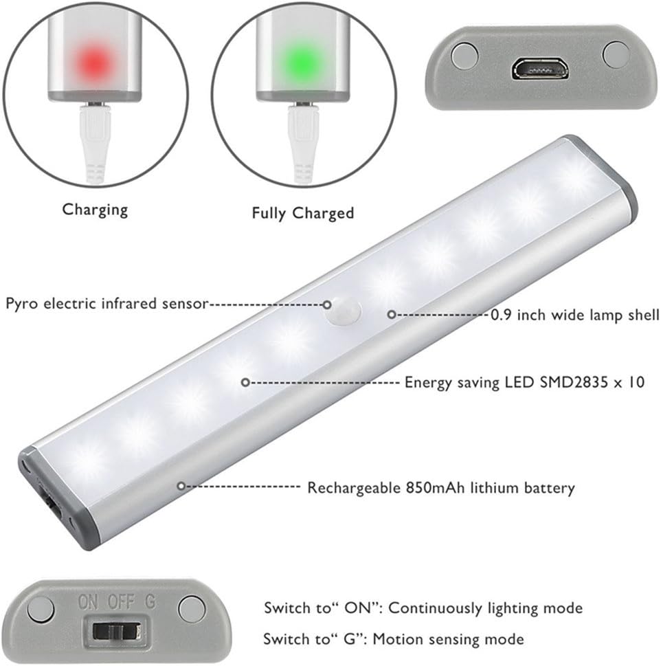 RXWLKJ Stick-on Anywhere Portable Little Light Wireless LED Under Cabinet Lights 10-LED Motion Sensor Activated Night