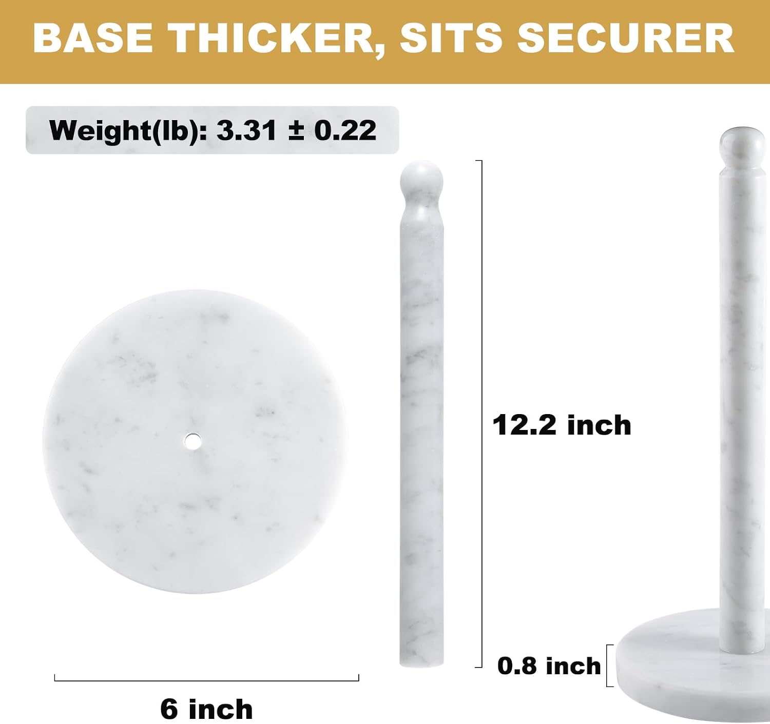 Carrara Marble Paper Towel Holder Countertop, 6" Genuine Stone Paper Towel Holder Stand for Kitchen Storage, for