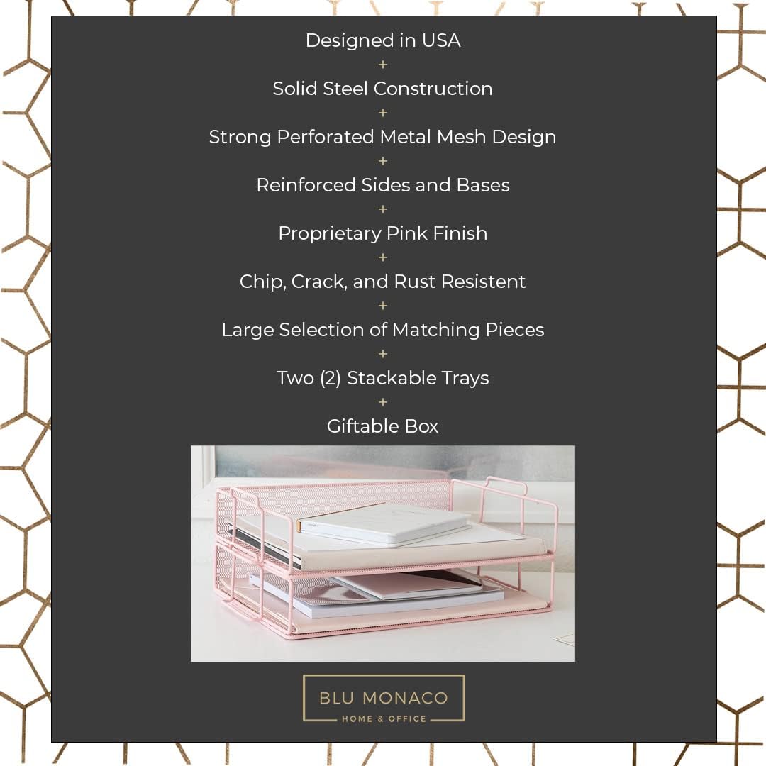BLU MONACO | Paper Tray Stackable Pink Mesh Set of 2 | Stackable File Trays for Desk Organization | Tiered Desk