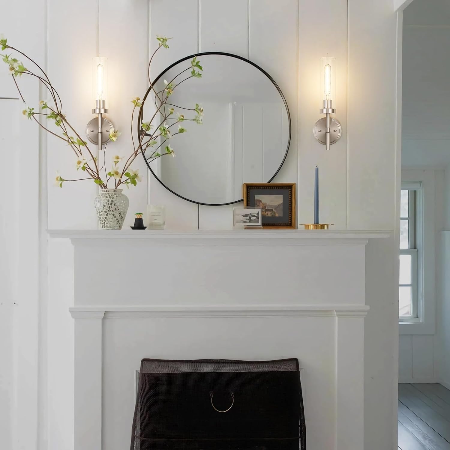 Brushed Nickel Wall Sconces Set of 2, Hardwired Bathroom Sconces Vanity Light Fixture, Farmhouse Wall Mount Lamps for