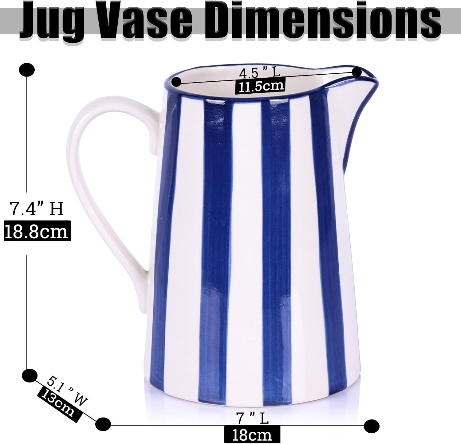 Ceramic and White Pitcher Vase / Stripes / Blue