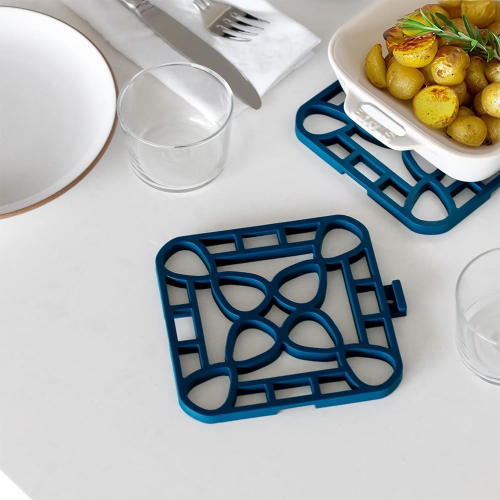 4-Pack Trivets for Hot Dishes - Blue Interlocking Hot Pads for Kitchen, Coffee Bar Essentials, Silicone Mats for
