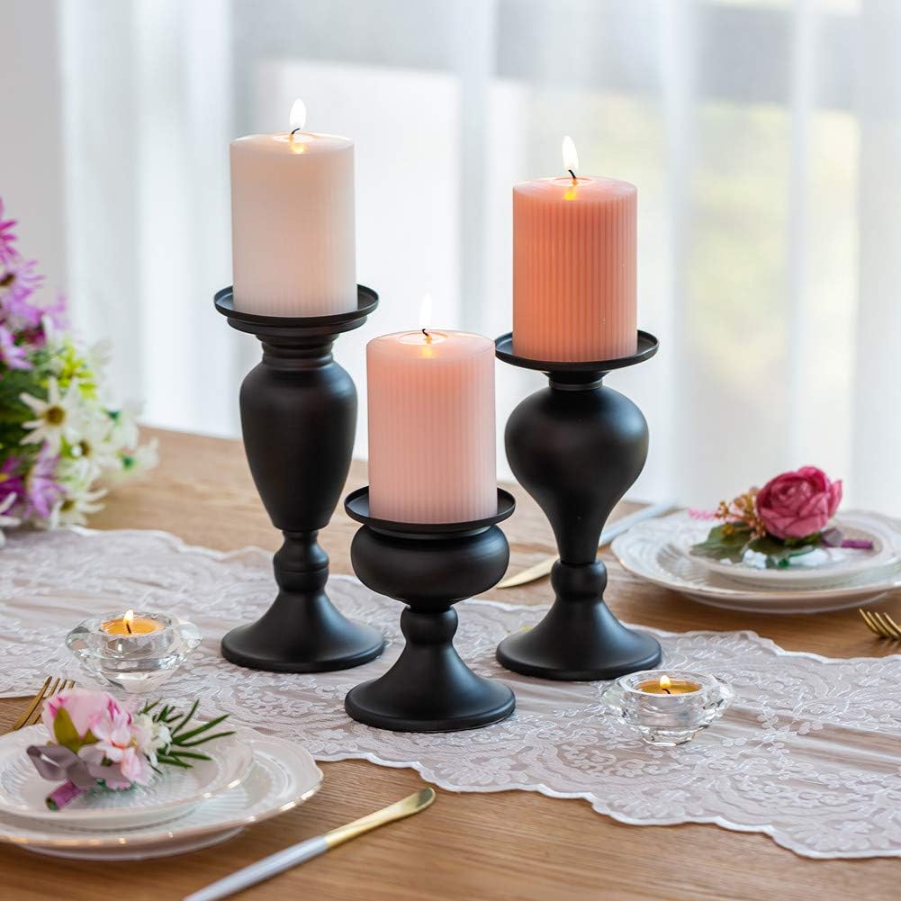 Sziqiqi Metallic Pillar Candleholder Set for Candle Centerpieces, Table Mantel Fireplace Decoration Set of 3