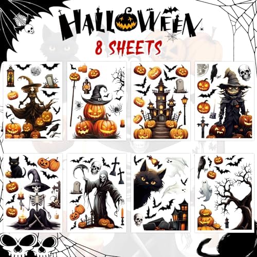 SULOLI 8 Sheets Halloween Window Clings, Scary Halloween Window Stickers Removable Double Sided Halloween Black Window Decals for Glass Window Halloween Decoration