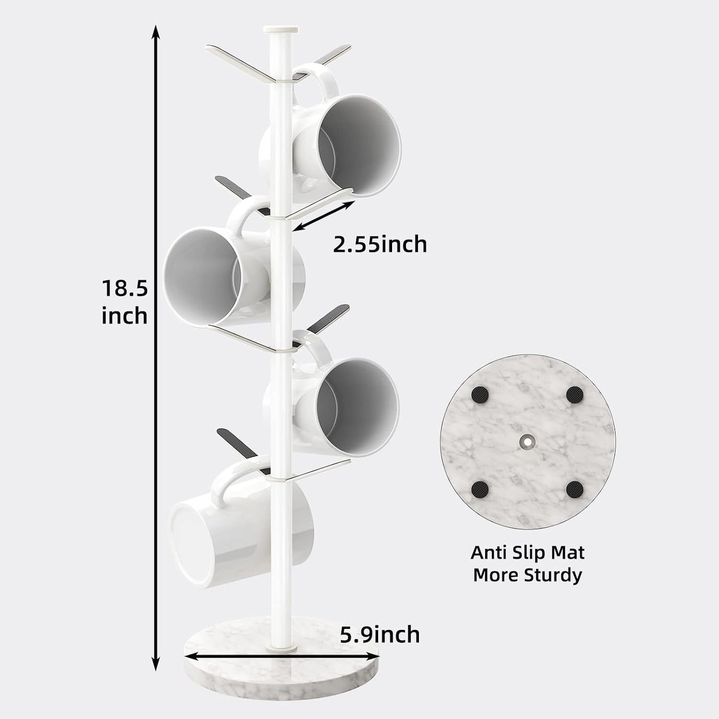 Gypie Mug Holder Tree Stand, Marble 8 Hooks Small Standard Cups, White | Free Standin, Stainless Steel Mug Rack for