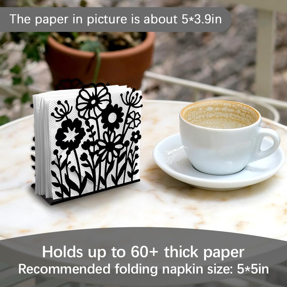 Decorative Metal Napkin Holder / Wildflowers / Black / 4.9 x 5.3 x 1.9