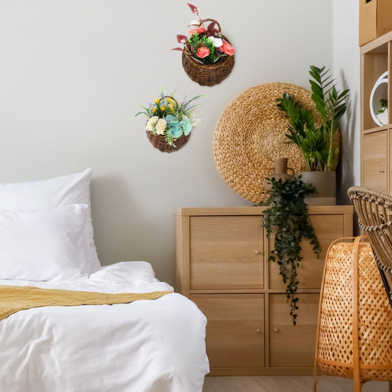 Woven Hanging Wall Basket Rattan Wall Planter / Set of 2
