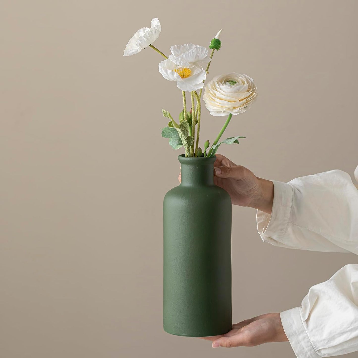 Green Ceramic Vase for Flowers / Mattte Green / 10 Inch