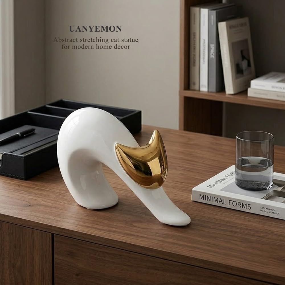 Abstract Stretching Cat Statue for Modern Home Decor / White