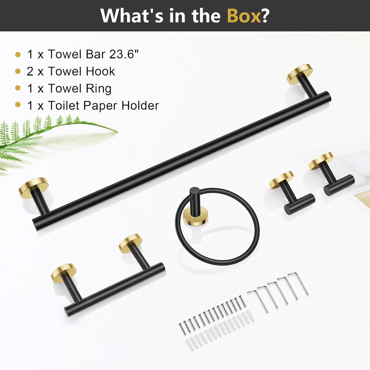 TQKAG 5 Piece Black and Gold Bathroom Accessories, Towel Racks for Bathroom | 23.6" Bathroom Hardware Set, SUS304