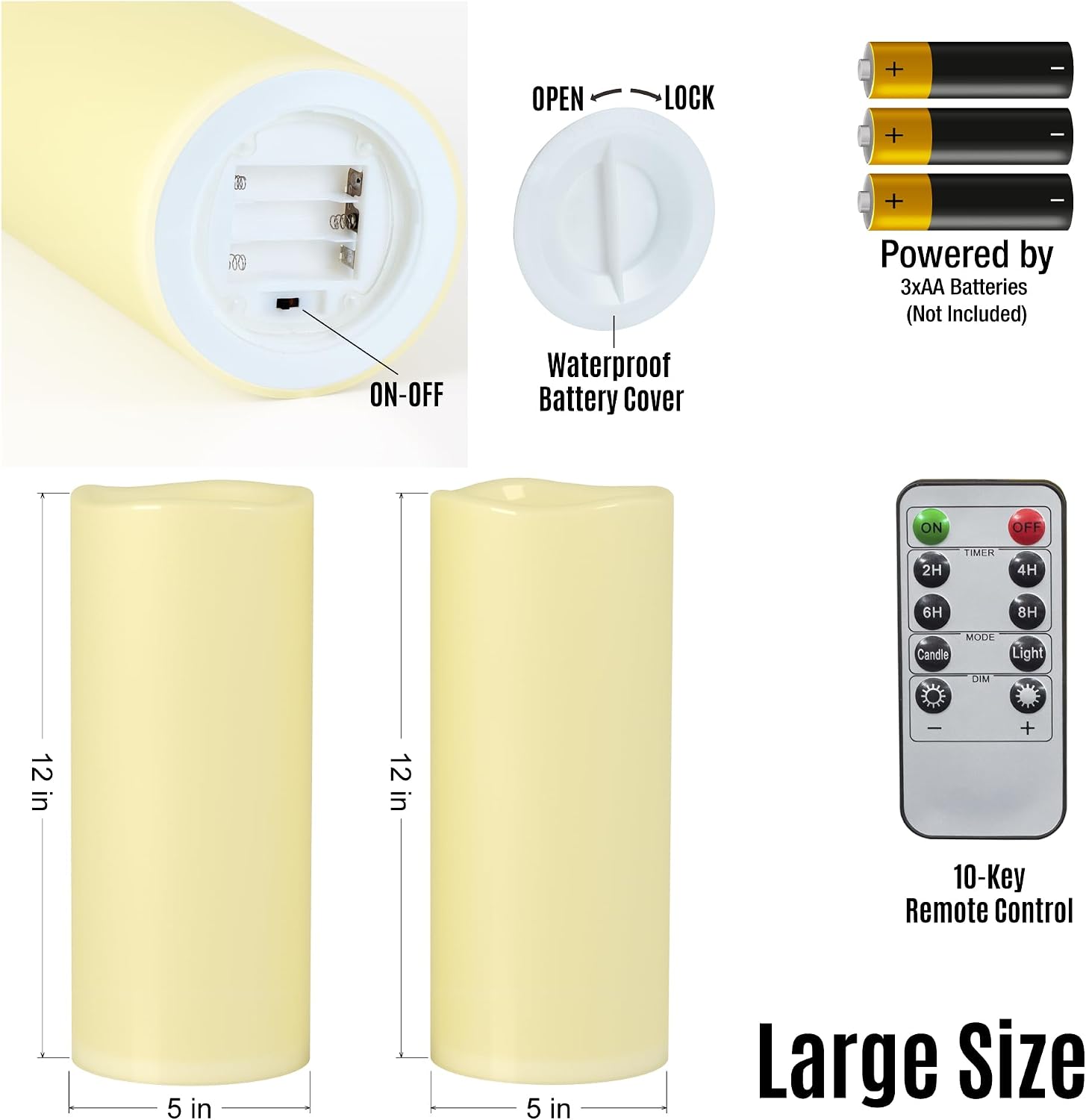 12" x 5" Ivory Large Waterproof Outdoor Flameless Candles Battery Operated LED Flickering Pillar Candles with Remote