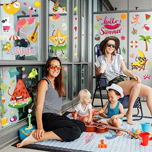 88Pcs Summer Window Clings, Summer Hawaii Gnomes Sun Beach Ice Cream Drinks Sunglasses Window Stickers Decals, Window Decals for Summer Party Decor Tropical Themed Party Beach Party Decor