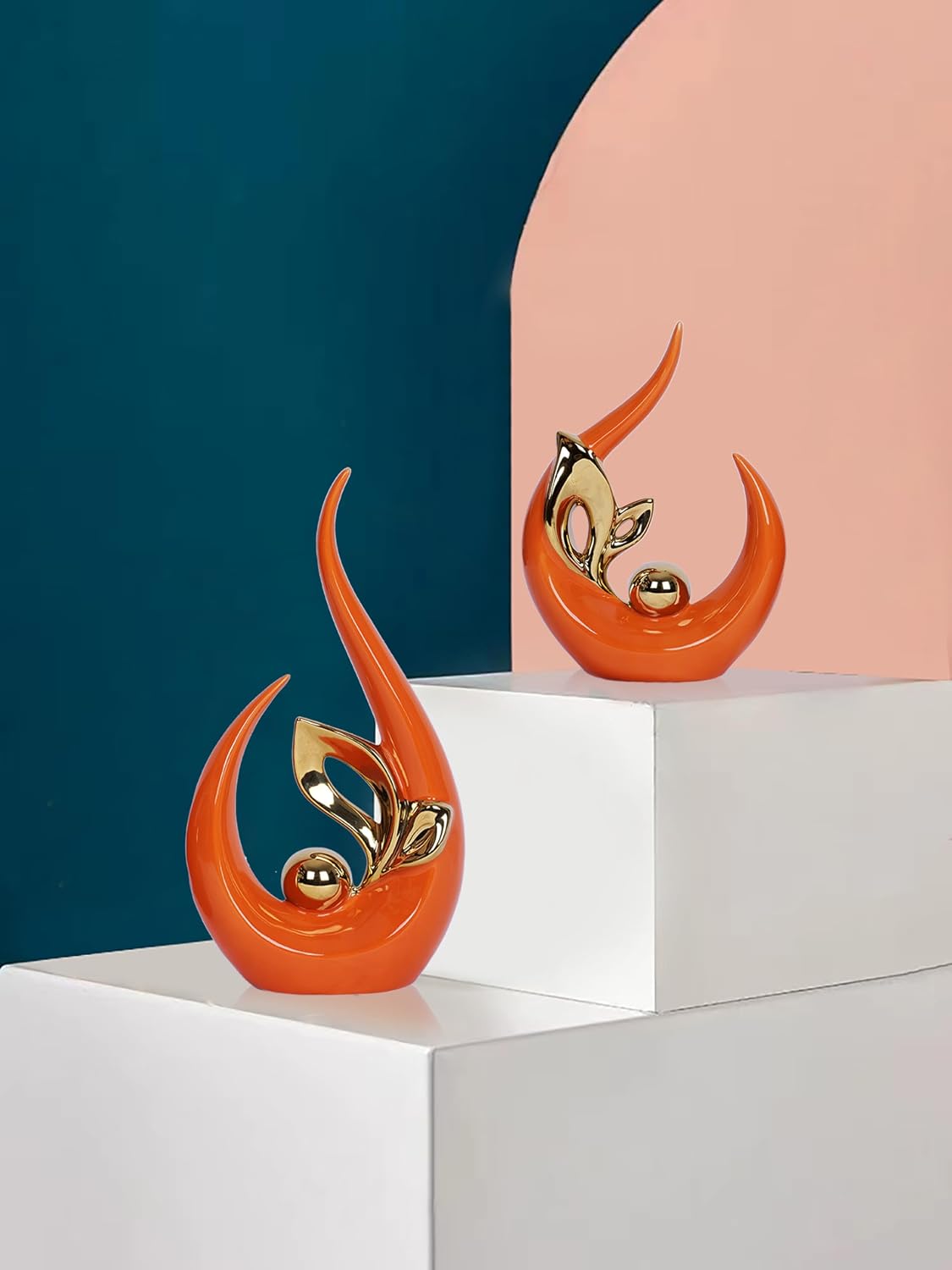 & Gold Mid Century Modern Decor Ceramic Statue / Orange / Set of 2
