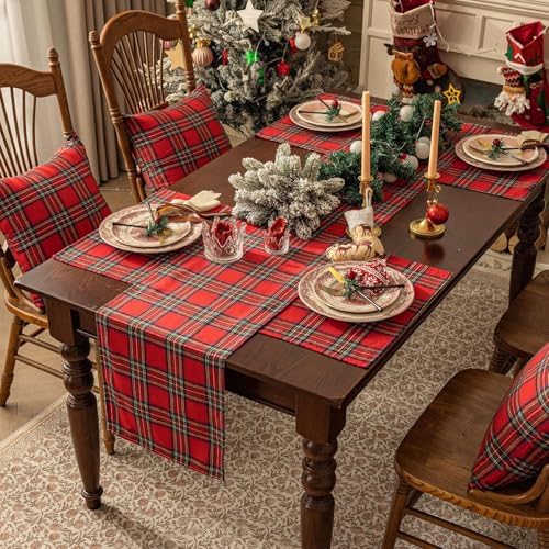 Softalker Christmas Checkered Tartan Table Runner, Red, 13 x 70 Inch-2P