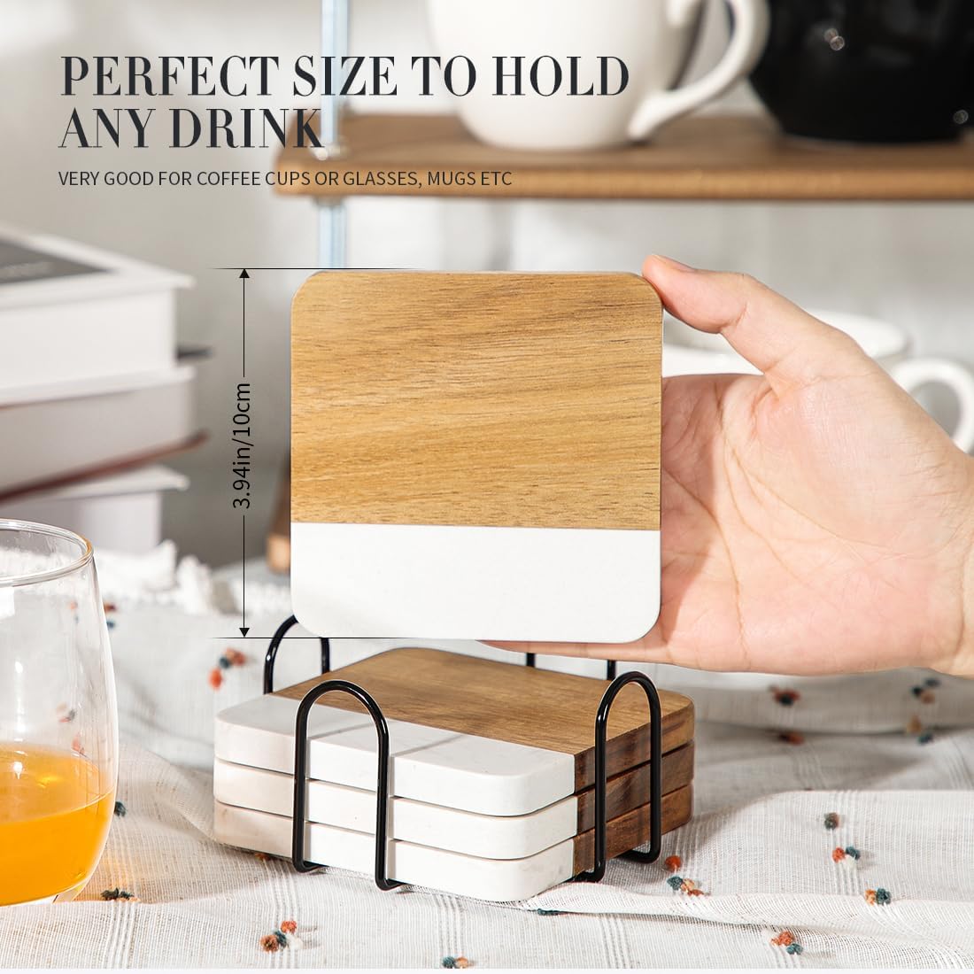Holder / Acacia Wood Marble Coasters for Drinks / White Marble + Holder / Set of 4