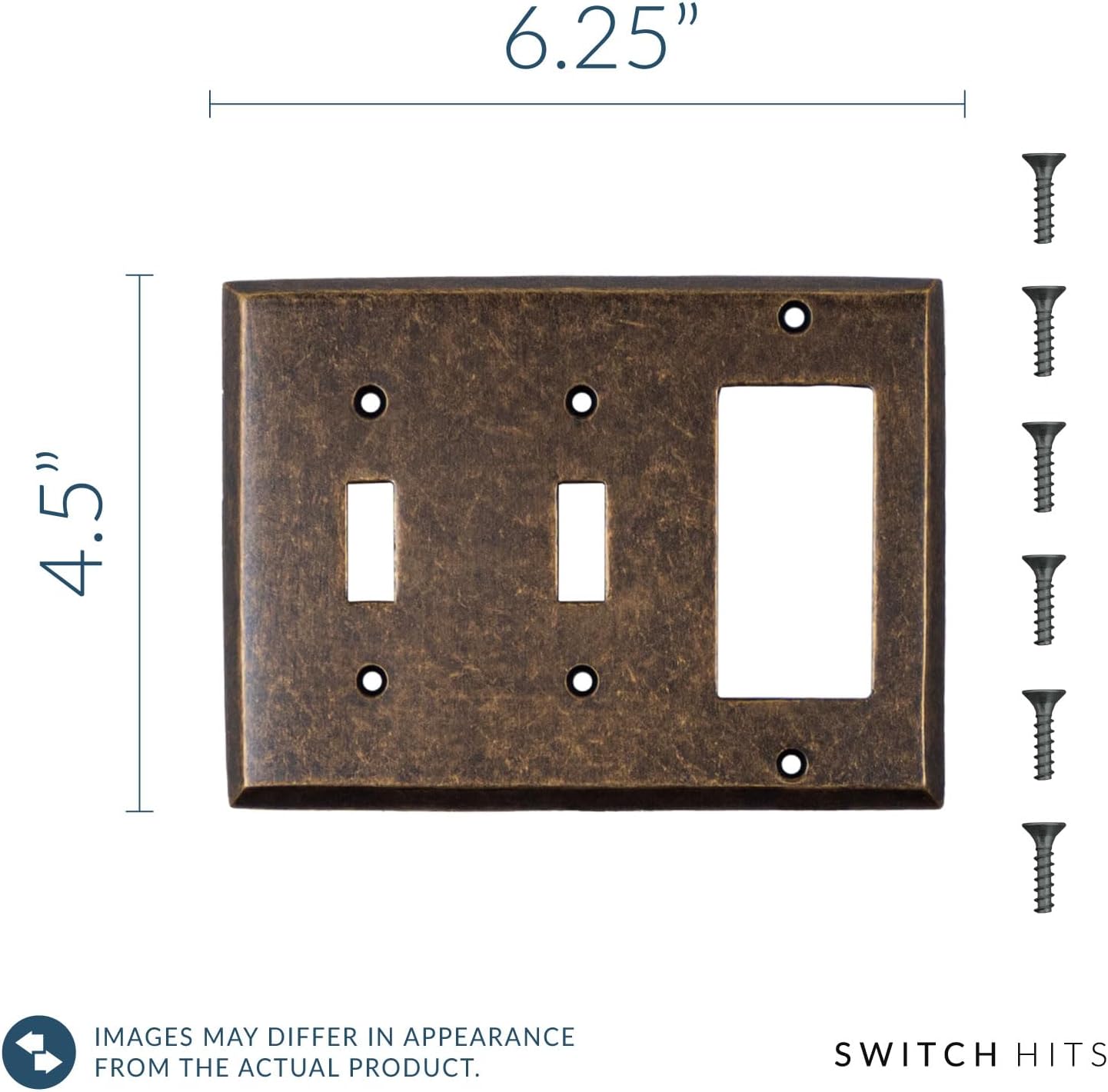 Double Light Switch Plate Outlet Cover GFCI Wall Plate | 2 Toggle - 1 Rocker Mottled Antique Brass Electrical Faceplate