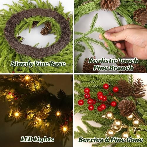 26" Norfolk Pine Wreath, Large Greenery Wreath for Front Door, Green Year Round Real Touch Artificial Greenery Wreath for Wall Porch Rustic Farmhouse Home Decor, with Lights, Red Bow, FF10