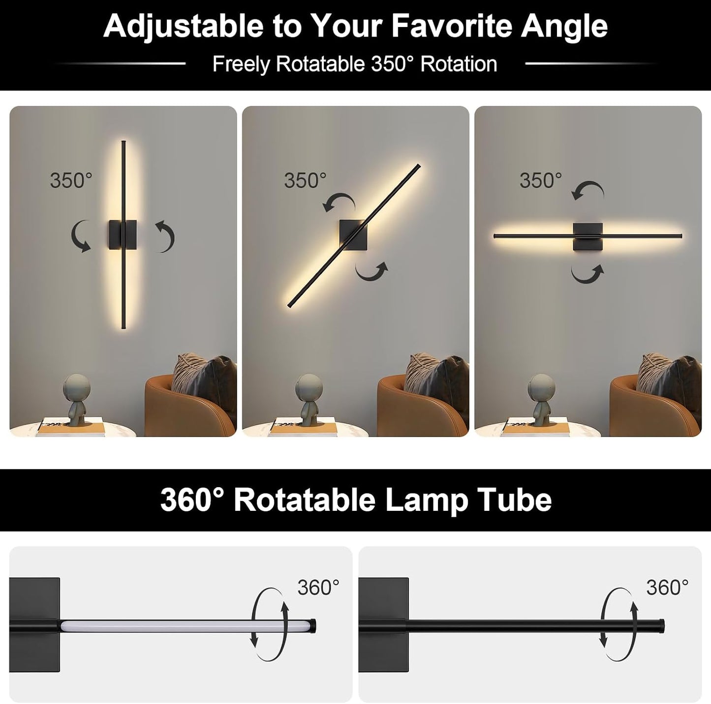 Battery Operated Wall Sconce Set of Two with Remote Control, 3000K-6000K Dimmable Black Wall Lights, Timable LED