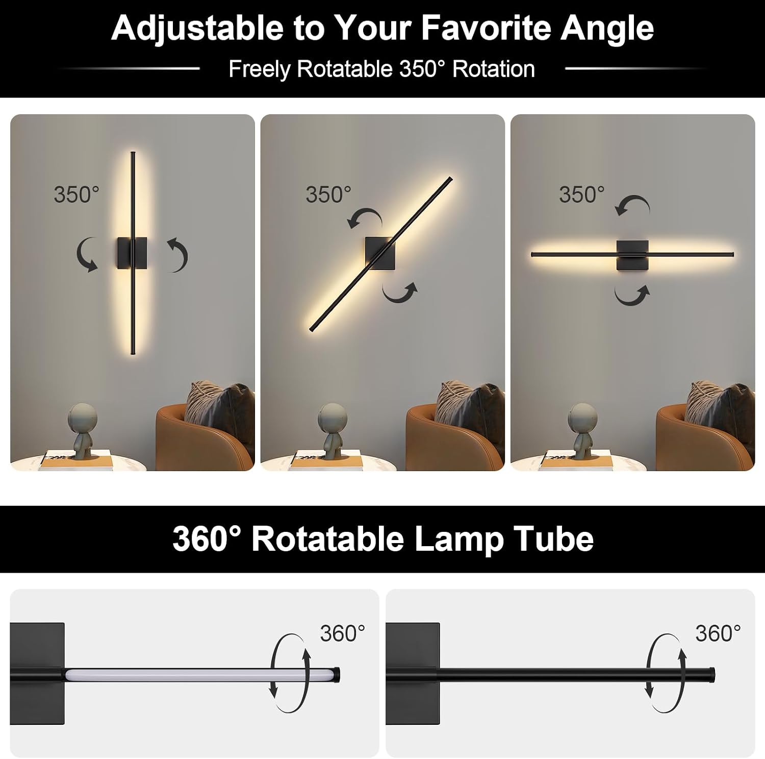 Battery Operated Wall Sconce Set of Two with Remote Control, 3000K-6000K Dimmable Black Wall Lights, Timable LED