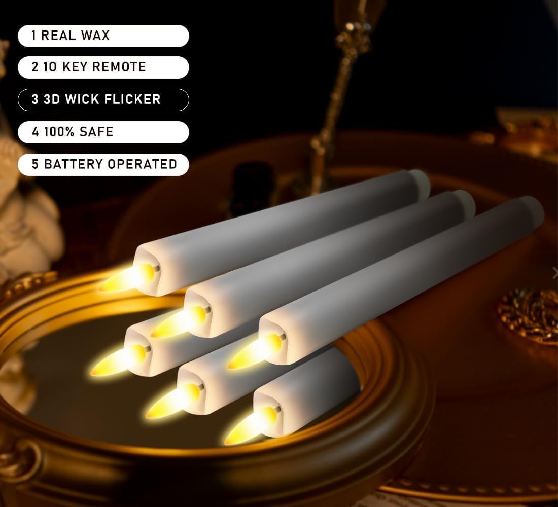 Upgraded Real Wax LED Flameless Grey Taper Candles with Remote, 6 PCS Candlesticks Battery Operated 3D Flickering
