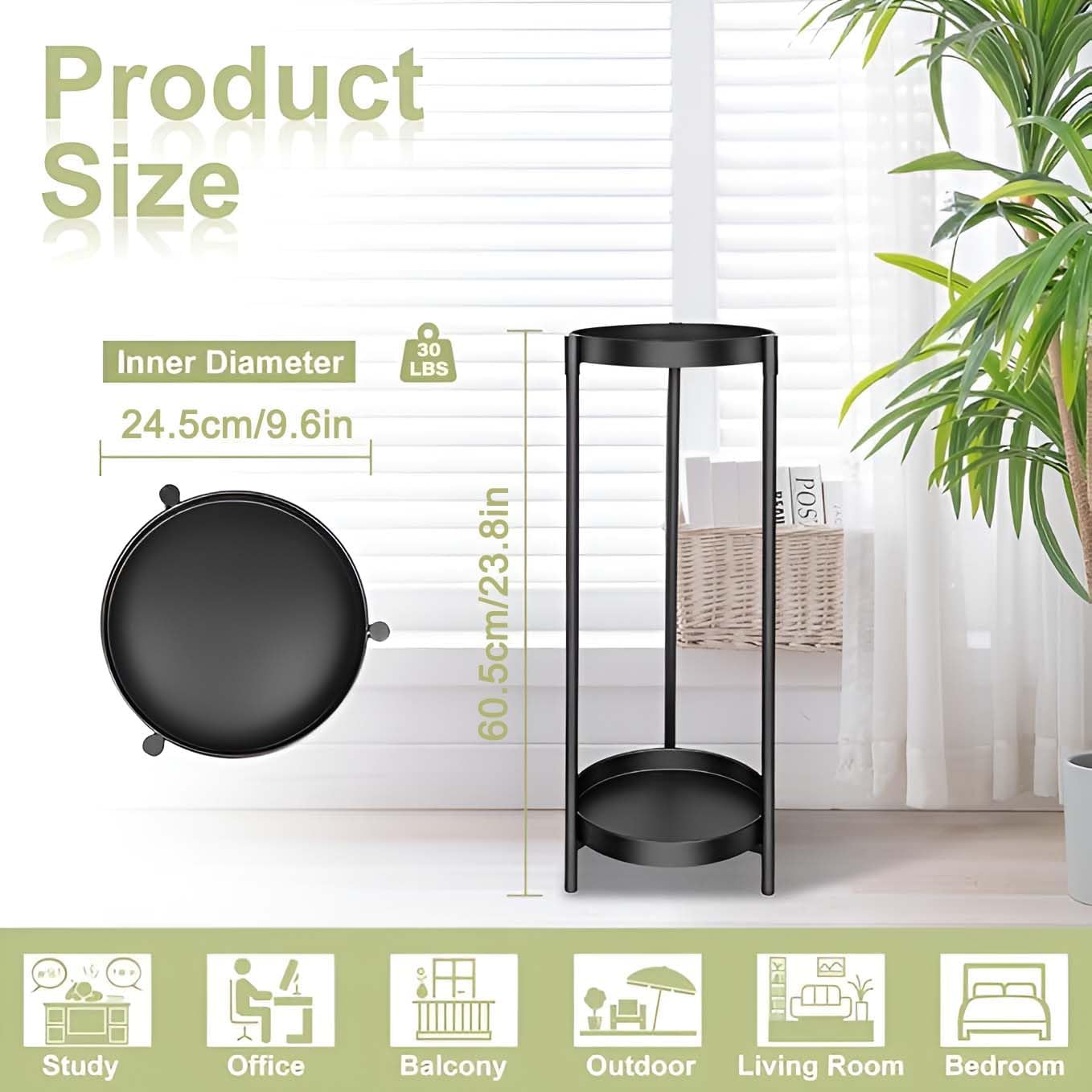 Plant Stand Indoor Outdoor, 2 Tier 24" Tall Black Round Shape Plant Stands | Heavy Duty Metal Plants Shelf, Rustproof