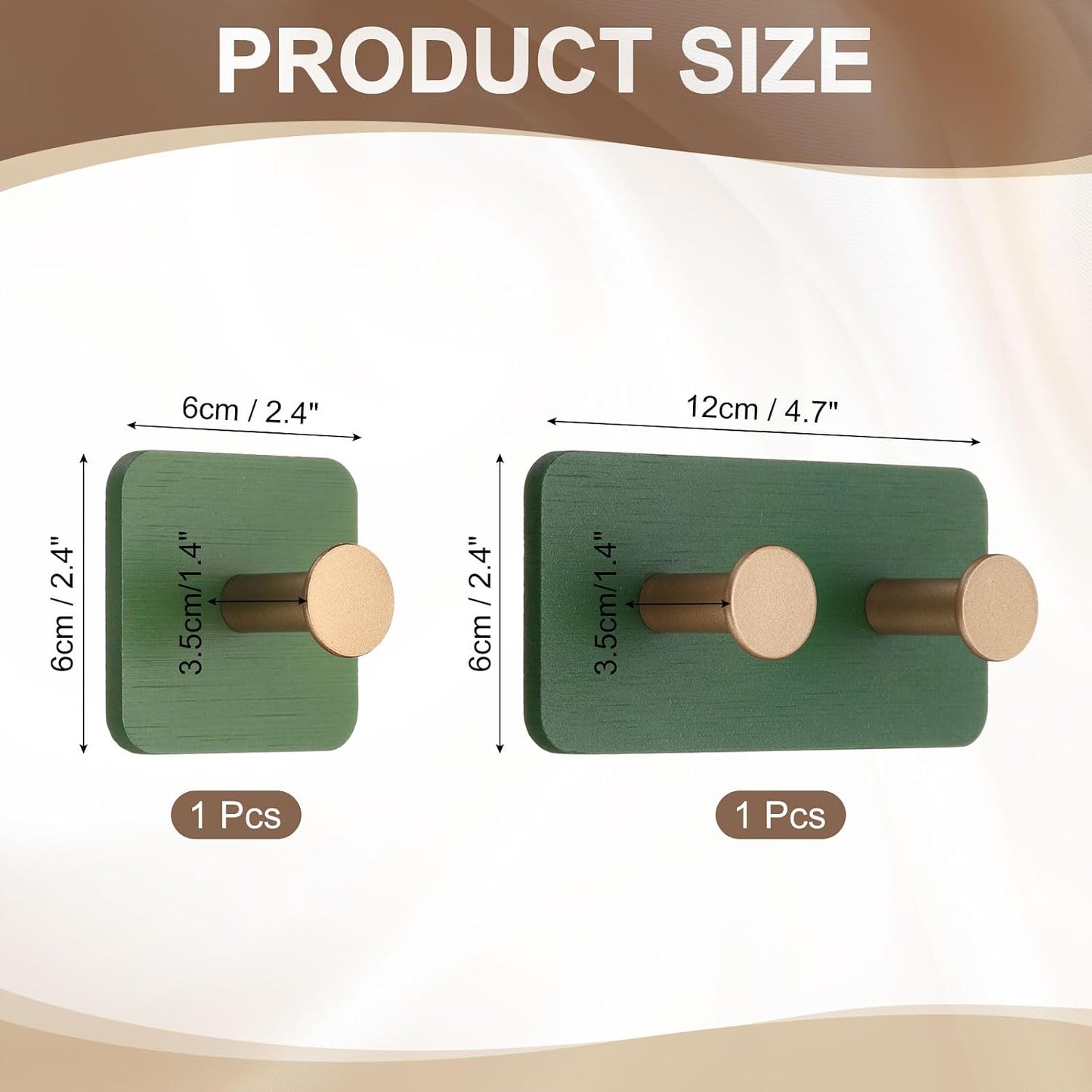 Wood Wall Self Adhesive Hooks Towel Hanger Bracket Heavy Duty Hook / Green/gold / Set of 2