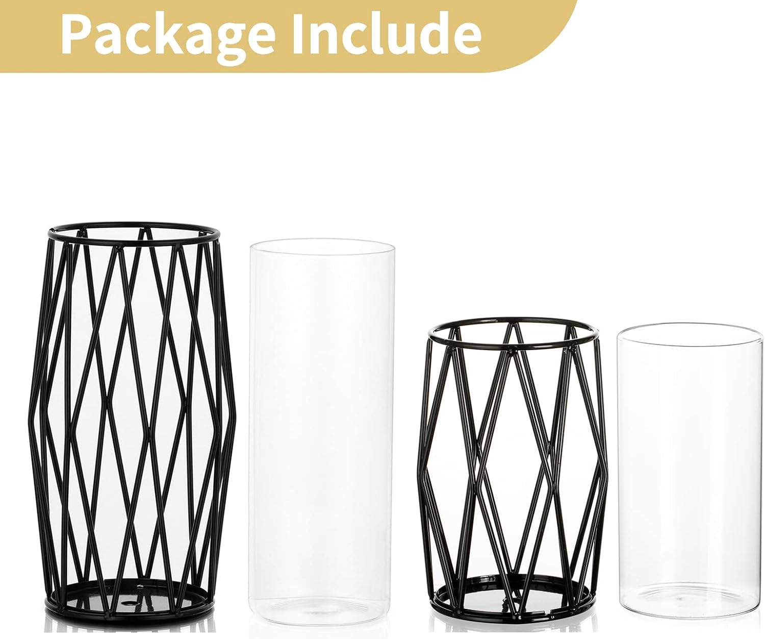 NUPTIO Black Geometric Hurricane Glass Candle Holders, Set of 2 | 2 Graduated Diamond Frames, Clear Cylinder Vases, for