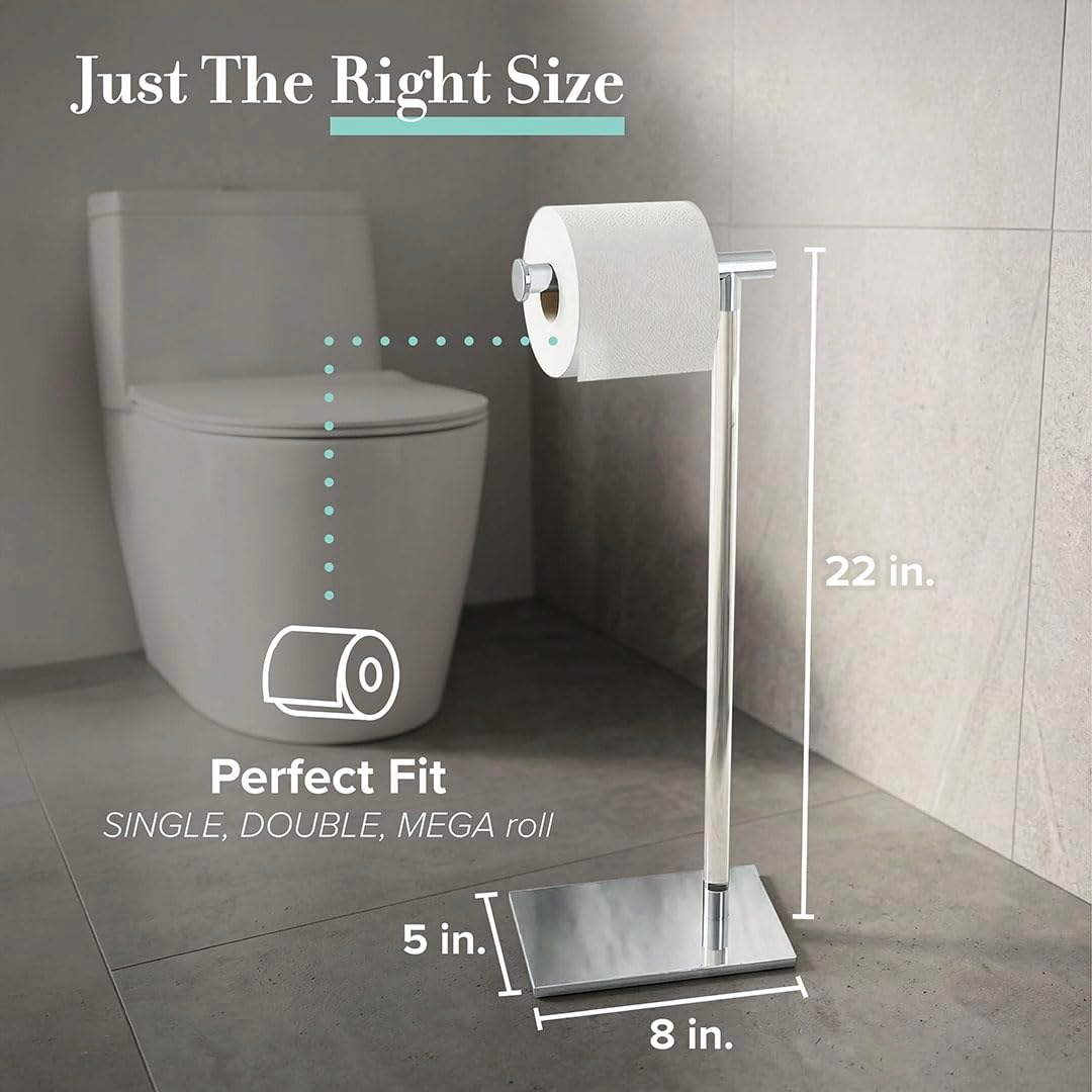 Gatco 1331C Modern Rectangle Base Freestanding Toilet Paper Holder, Chrome/Acrylic, Weighted Base Bathroom Tissue Stand