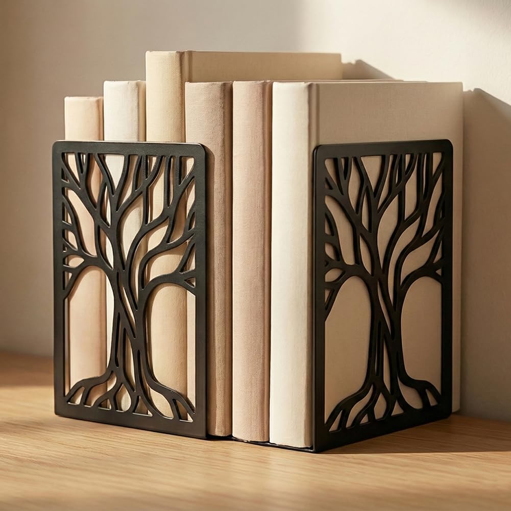 Sturdy Metal Bookends / Abstract Tree / Black / Set of 2