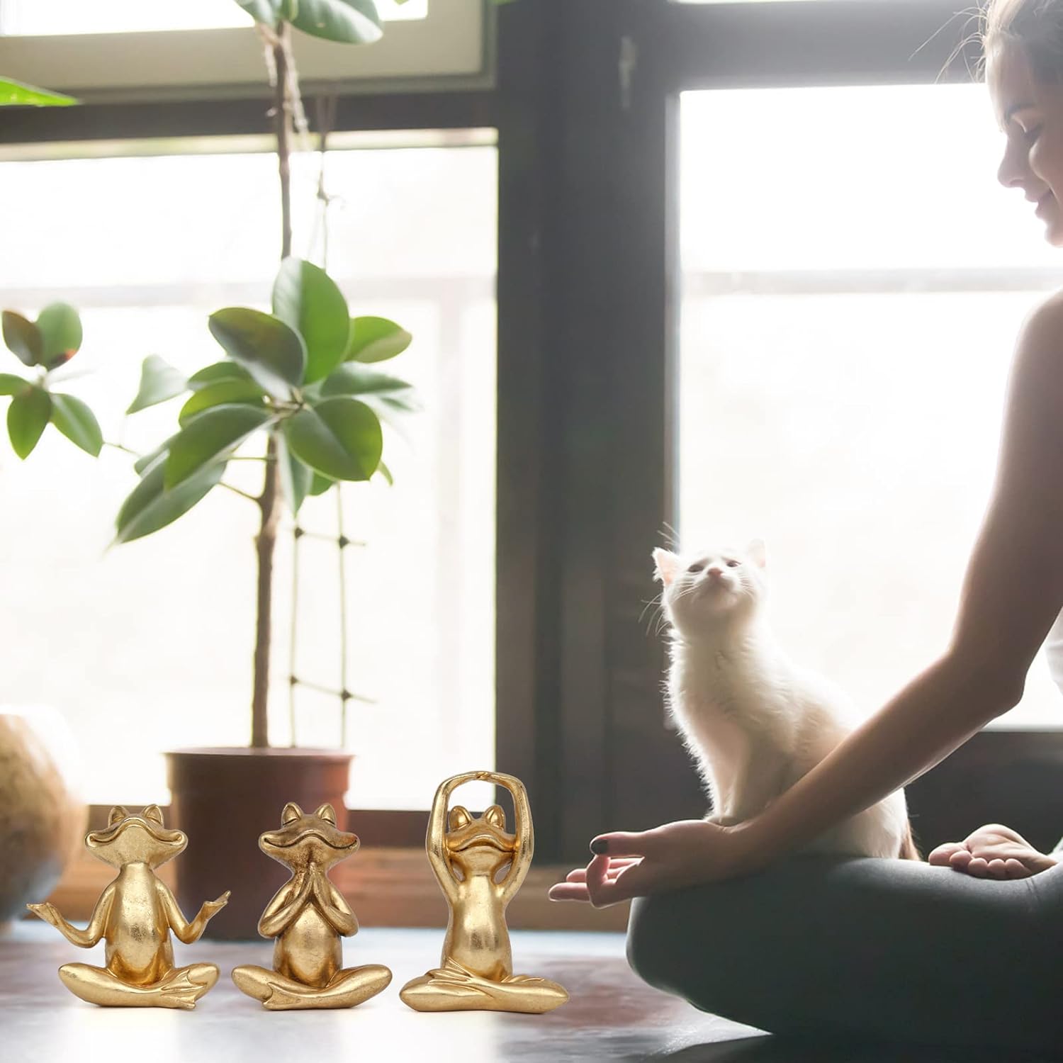 Frog Figurines Yoga Decor -Frog Yoga Statues for Modern Living Room / Gold / 3.7 Inch / Set of 3